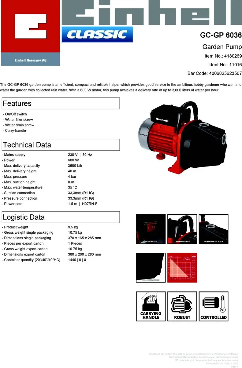 Einhell GC-GP 6036 Elektrische Tuinpomp 600W