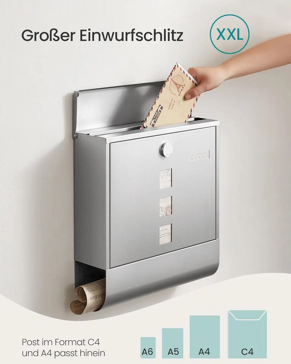 Songmics GMB120E01 XXL Brievenbus - Roestvrij staal 11x37x37cm