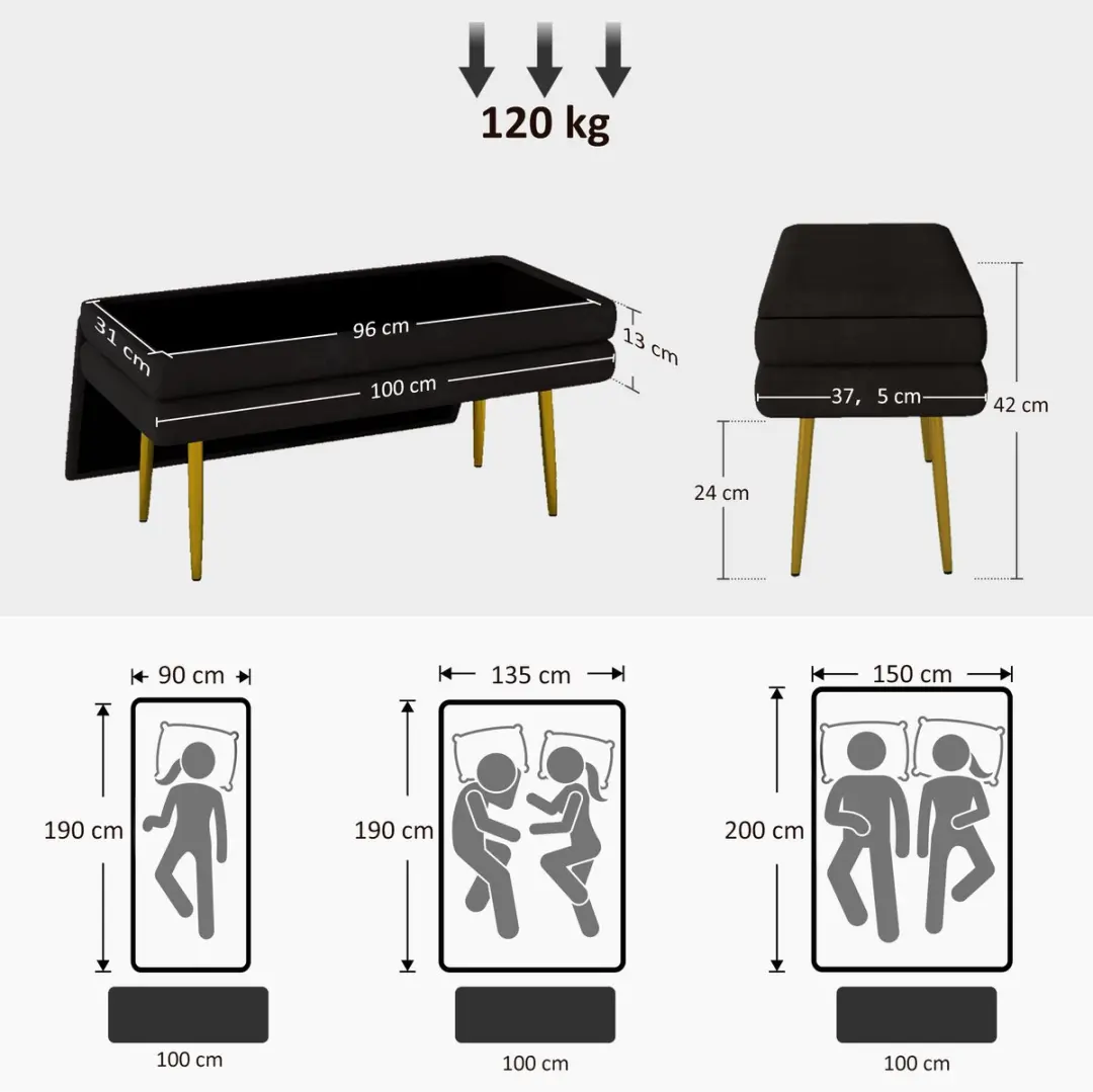 Homcom Sitzbank - 100x37,5x42cm - 1 Vak - Zwart - afbeelding 5 van 6