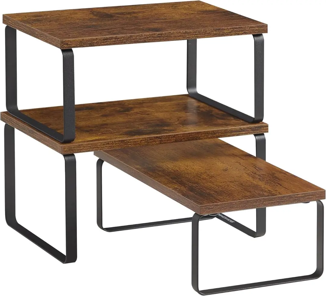 Songmics Kruidenrek Set 3 Stapelbaar Metaal Bamboe Vintage Bruin