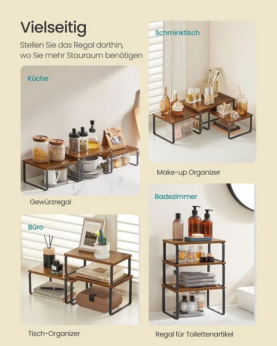 Songmics Kruidenrek Set 3 Stapelbaar Metaal Bamboe Vintage Bruin