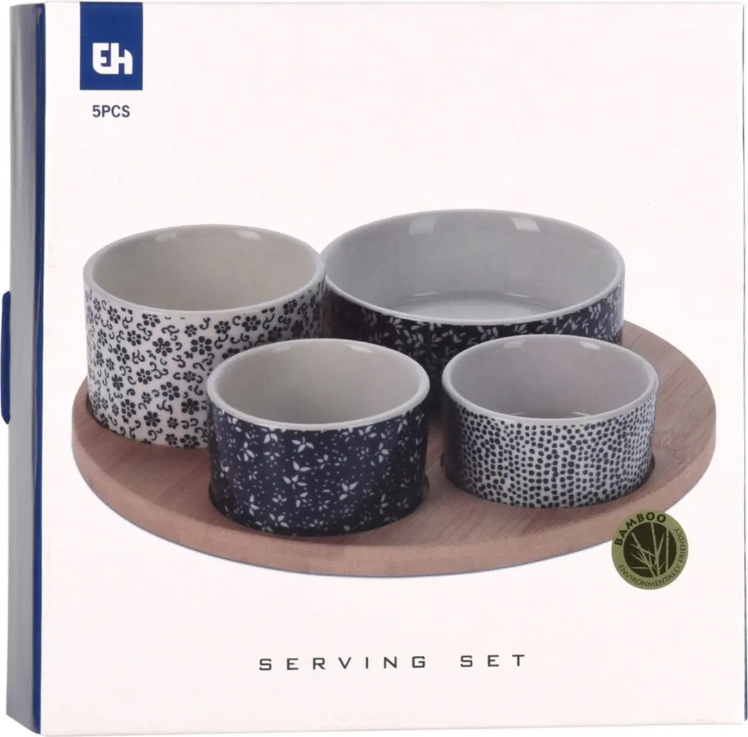 Excellent Houseware Borrelplank Porselein Donkerblauw - 4 Schaaltjes - 5 Stuks