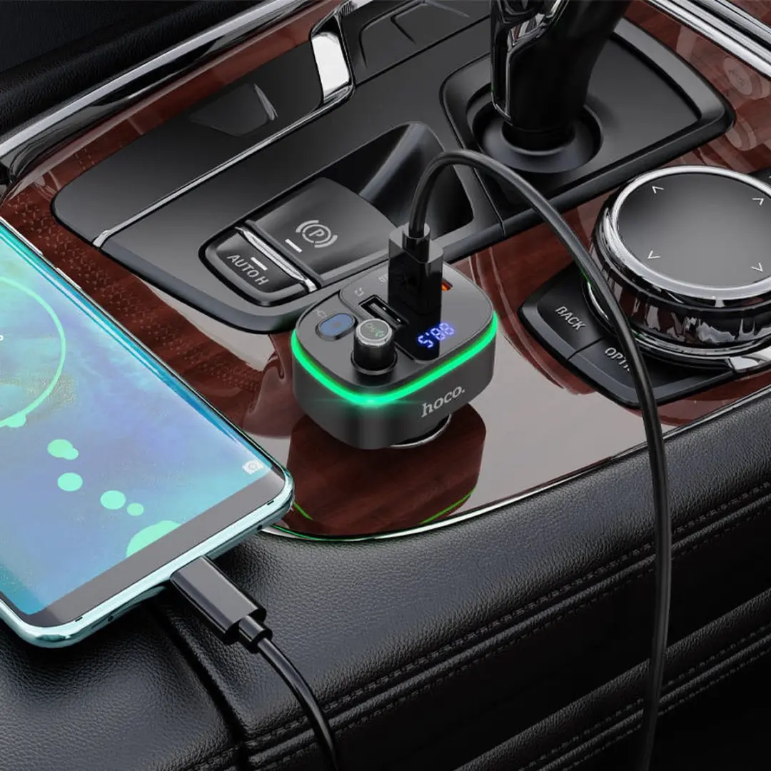 Hoco Bluetooth FM Transmitter Autolader 20W - 2x USB - Zwart/Blauw