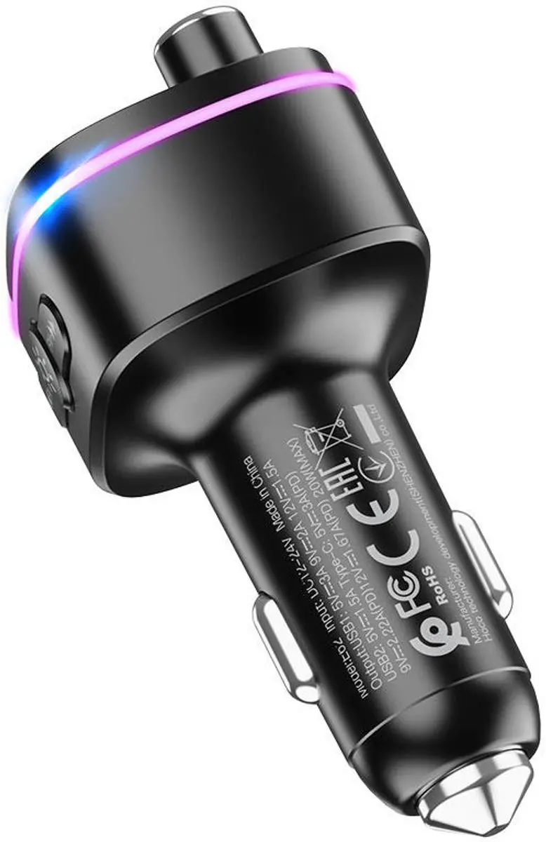 Hoco Bluetooth FM Transmitter Autolader 20W - 2x USB - Zwart/Blauw