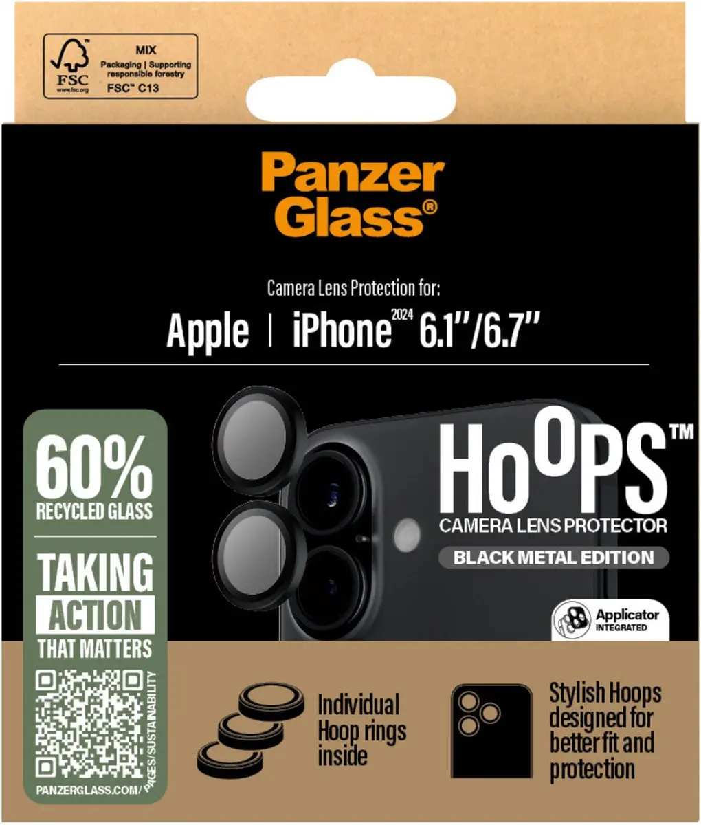 PanzerGlass Hoops iPhone 16 Plus Camera Lens Protector - Zwart