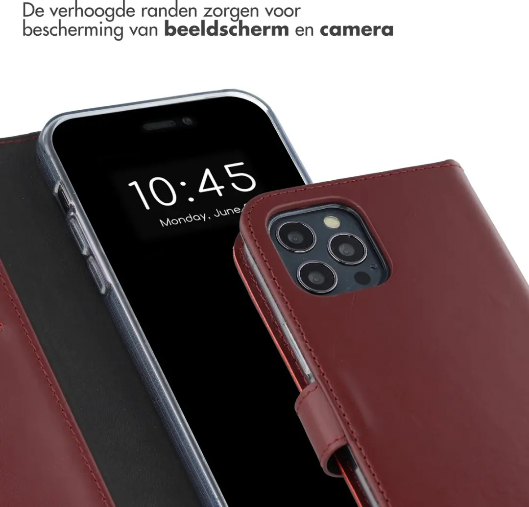 Selencia Hoesje iPhone 12 Pro - Echt Lederen Bookcase - 3 Pasjes - Donkerrood