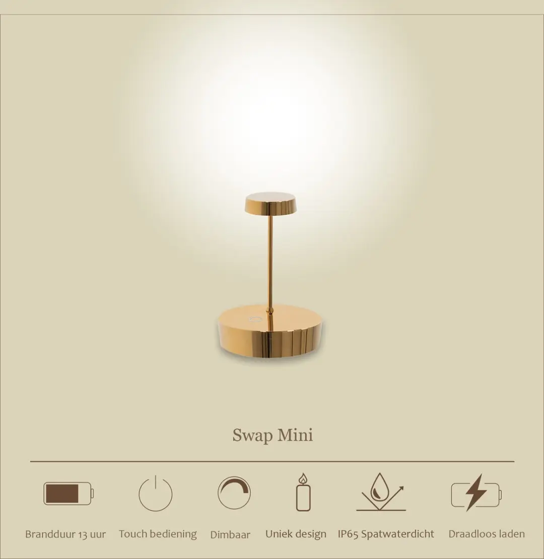 Zafferano Swap Mini Oplaadbare LED Tafellamp Goud - IP65