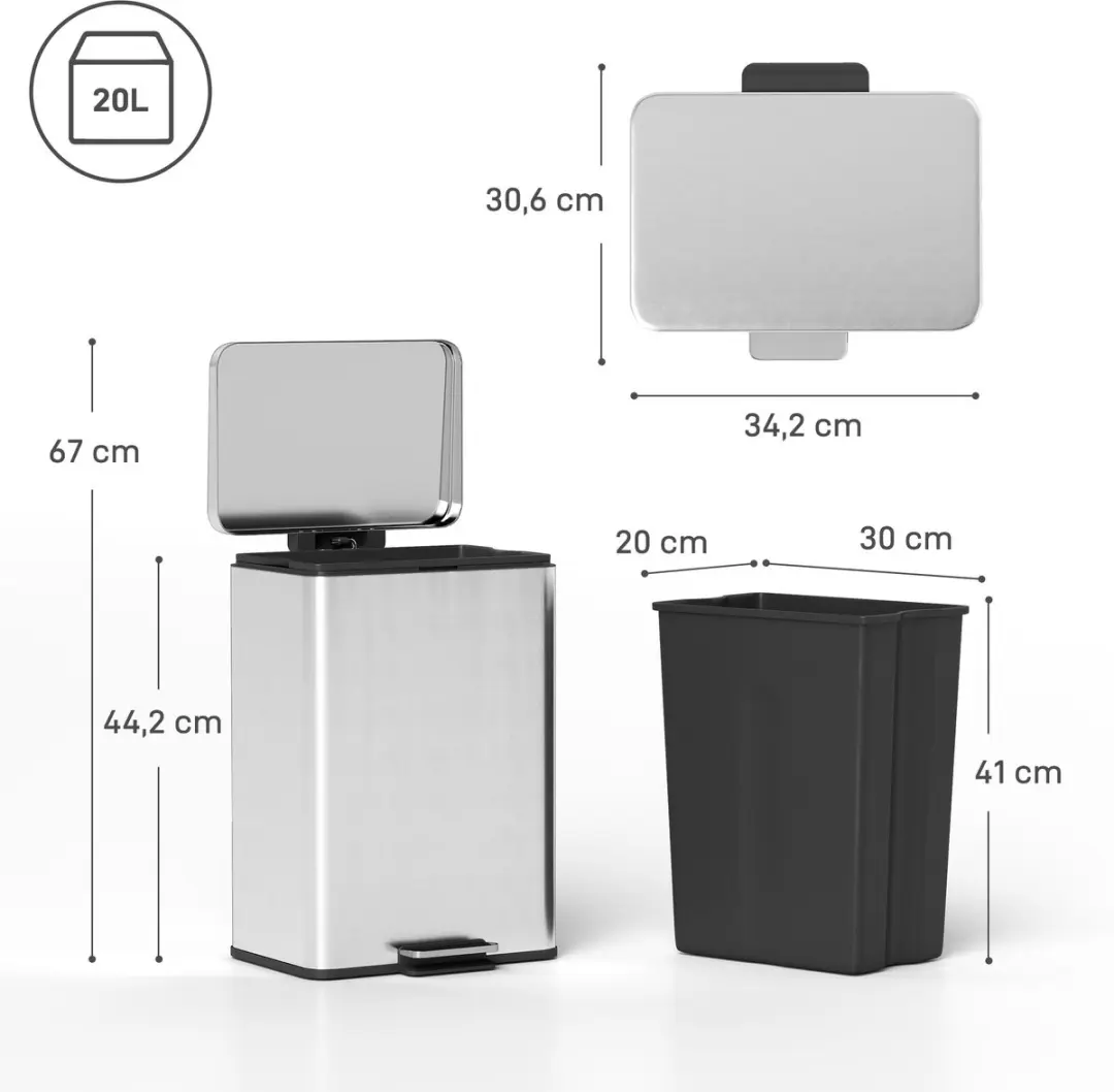 Homcom Prullenbak 20L Roestvrij Staal - Zilver - afbeelding 5 van 6