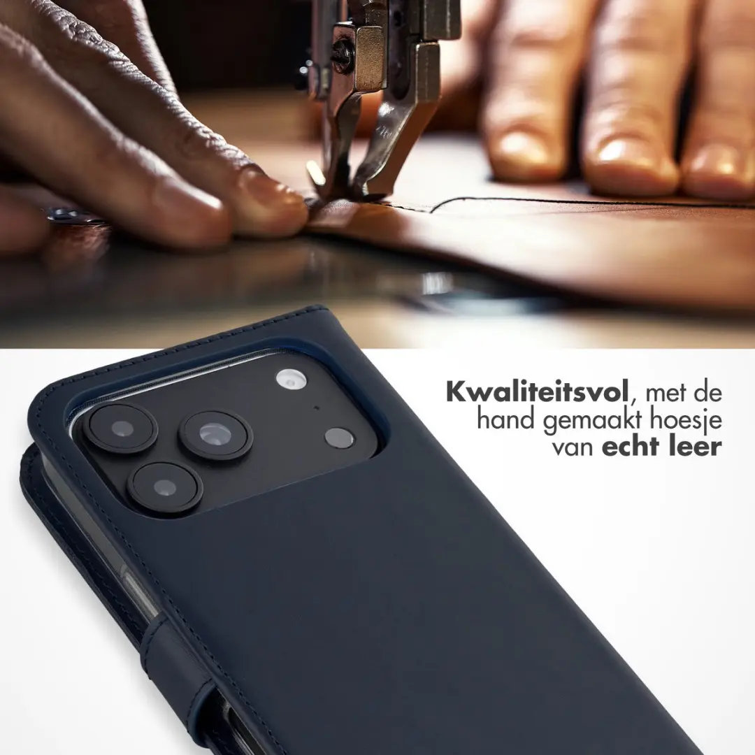 Selencia Hoesje iPhone 17 Pro - Echt Lederen Bookcase 3 Pasjes - Blauw