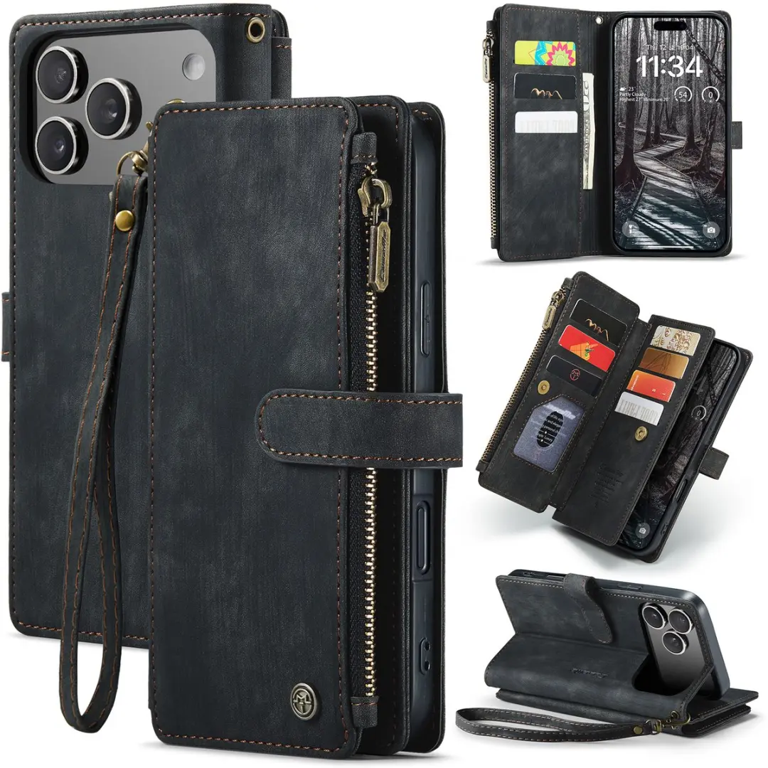 CaseMe Hoesje iPhone 17 Pro Vintage Wallet Book - Zwart