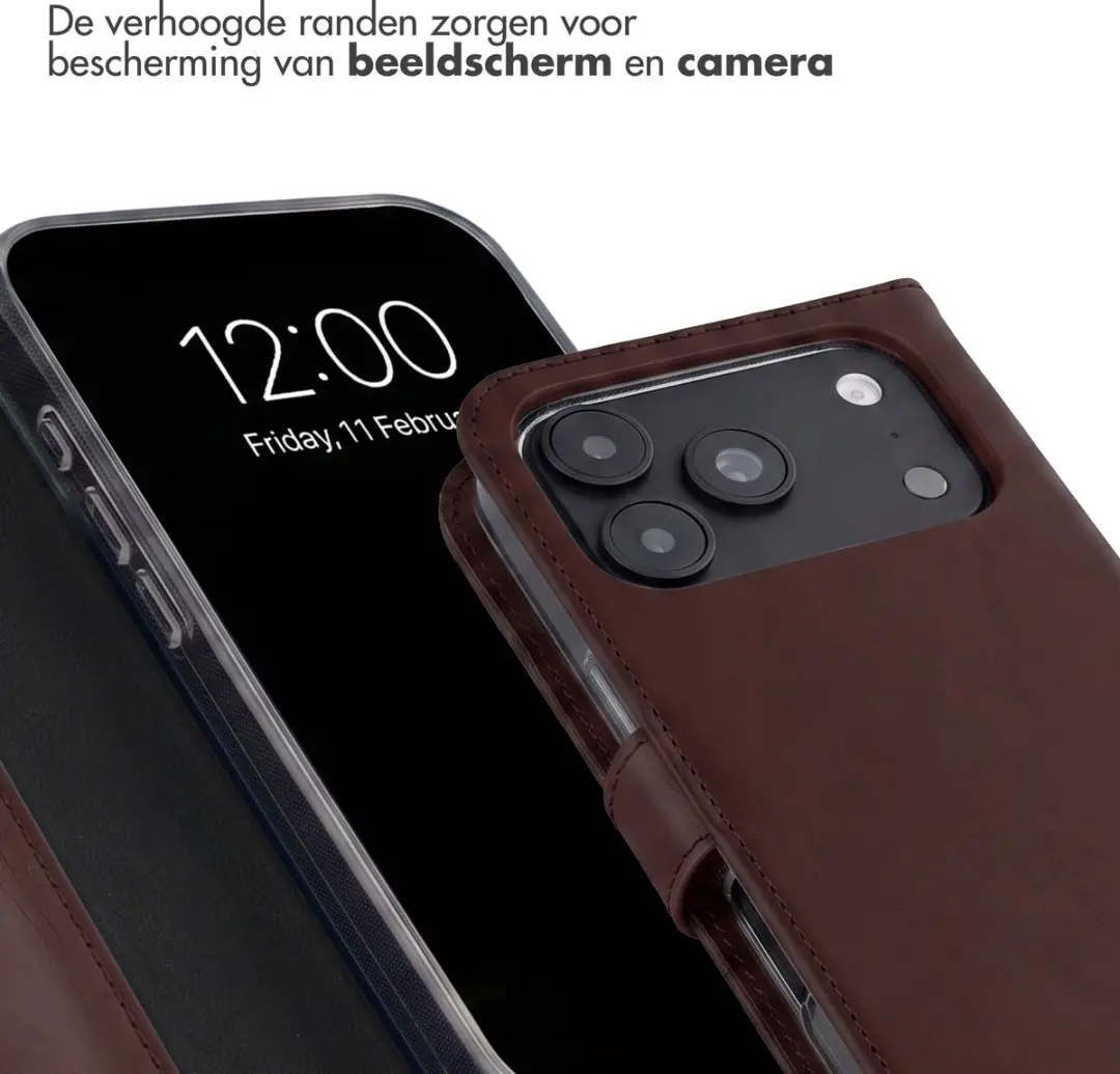 Selencia Hoesje iPhone 17 Pro - Echt Lederen Bookcase 3 Pasjes - Bruin