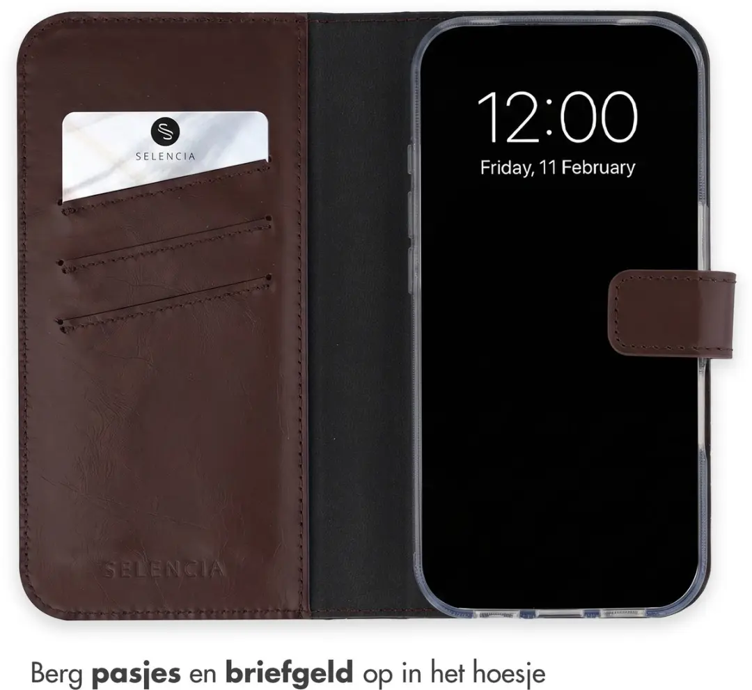 Selencia Hoesje iPhone 17 Pro - Echt Lederen Bookcase 3 Pasjes - Bruin