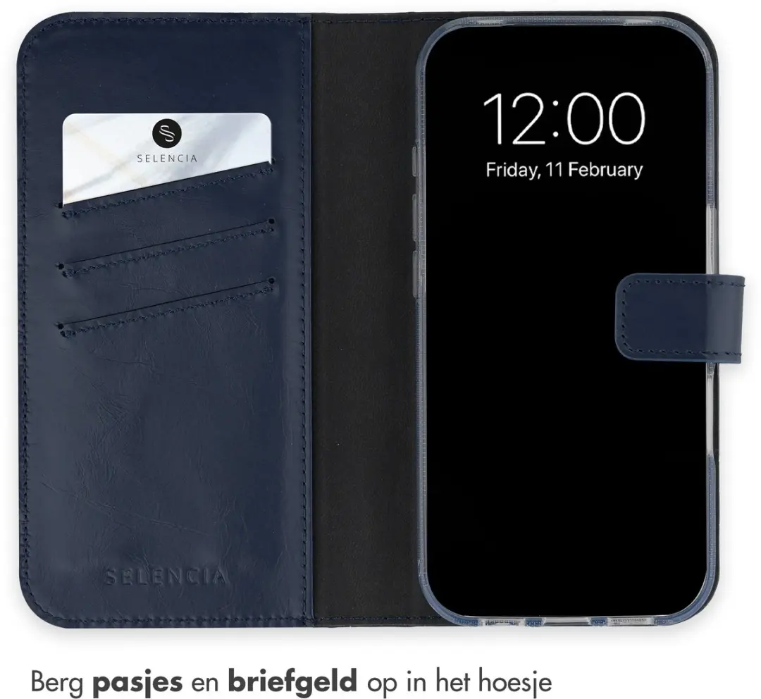 Selencia Hoesje iPhone 17 Pro Max - Echt Lederen Bookcase - Blauw