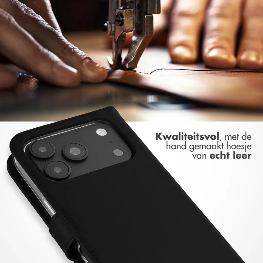 Selencia Hoesje iPhone 17 Pro - Echt Lederen Bookcase 3 Pasjes - Zwart