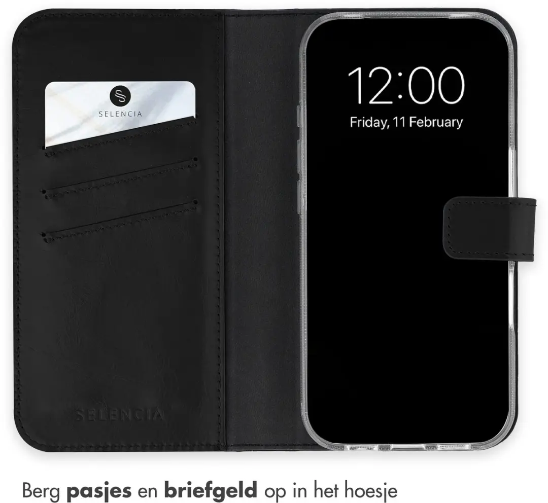 Selencia Hoesje iPhone 17 Pro - Echt Lederen Bookcase 3 Pasjes - Zwart