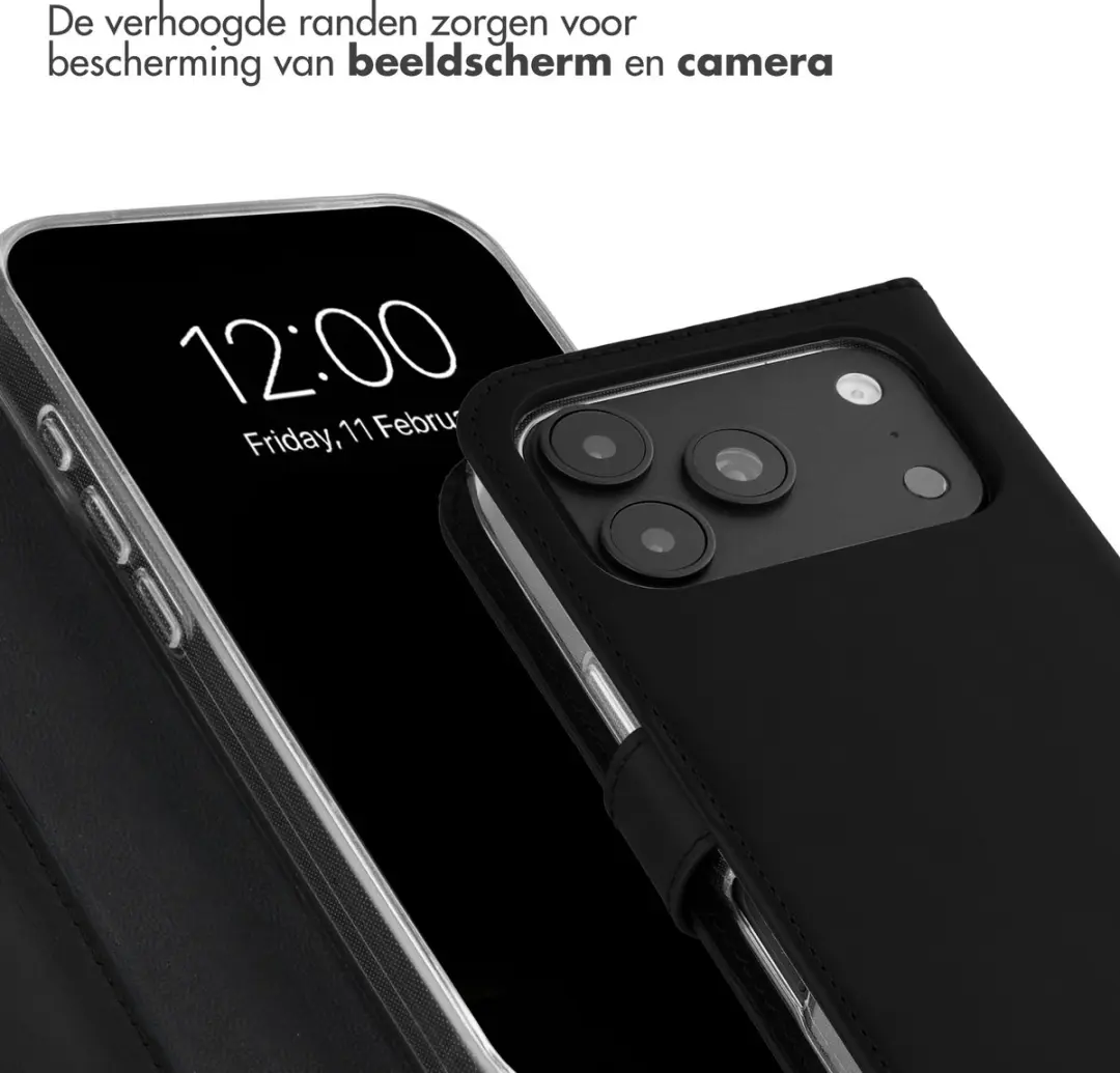 Selencia Hoesje iPhone 17 Pro - Echt Lederen Bookcase 3 Pasjes - Zwart
