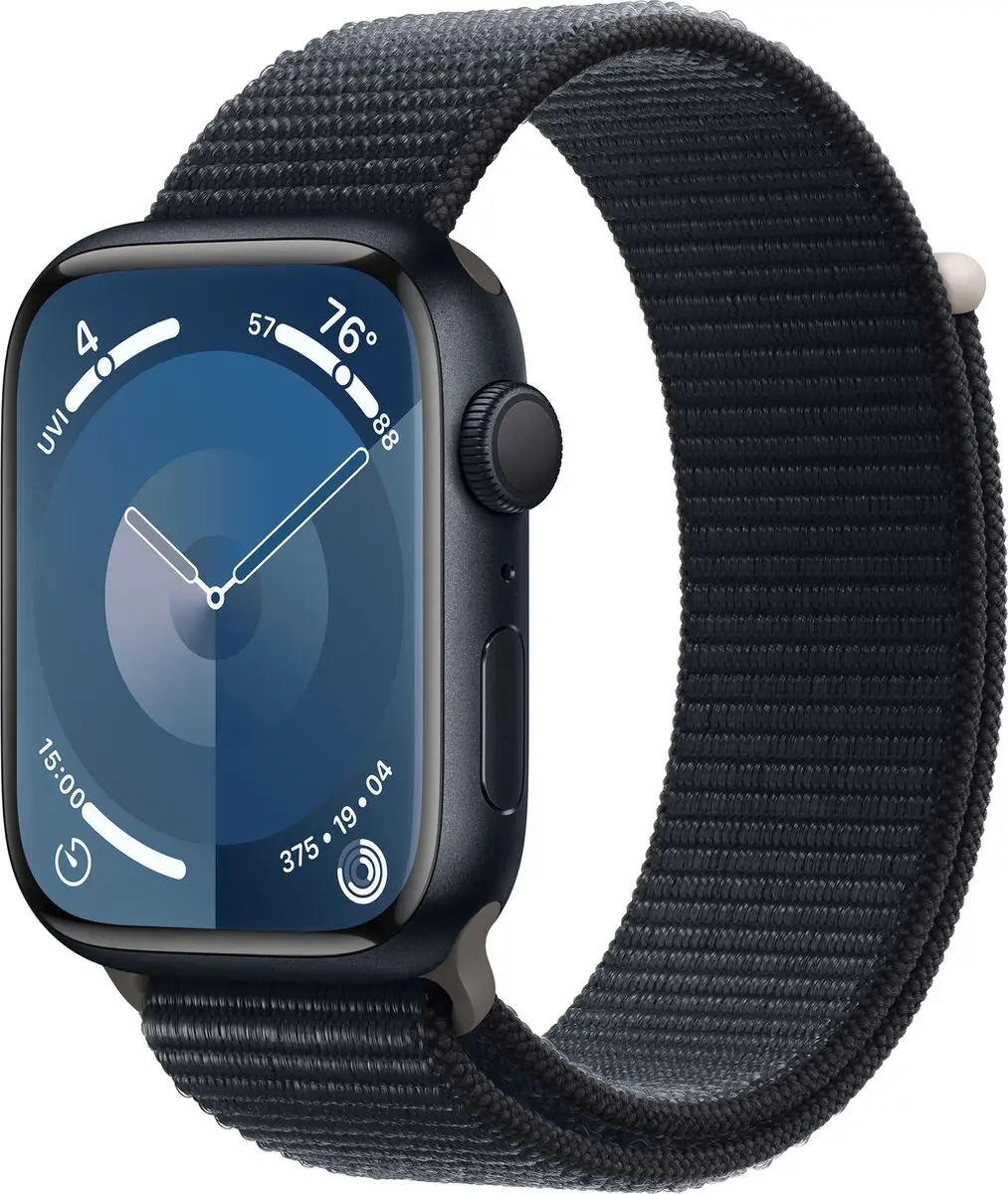 Apple Watch Series 9 45mm Middernacht Aluminium - Sport Loop - Zwart