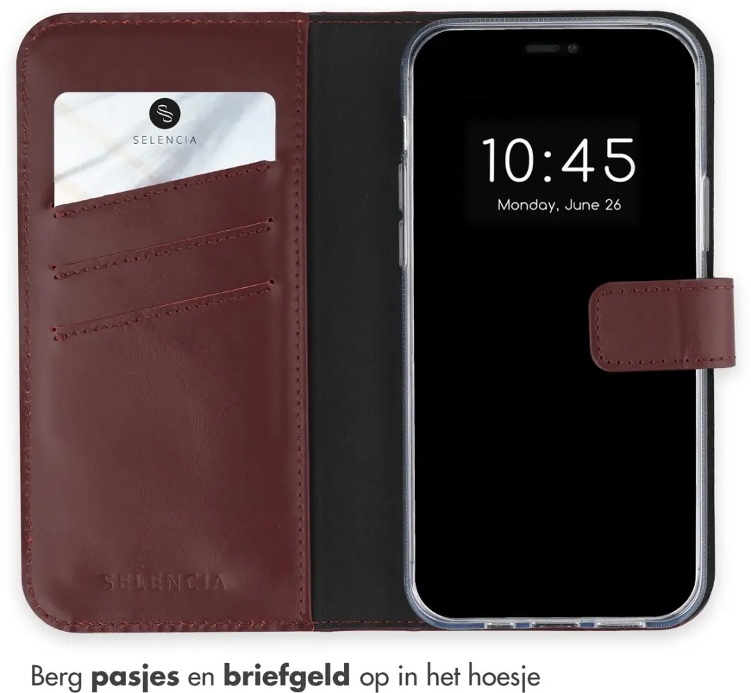 Selencia Hoesje iPhone 14 Echt Lederen Bookcase - 3 Pasjes - Donkerrood