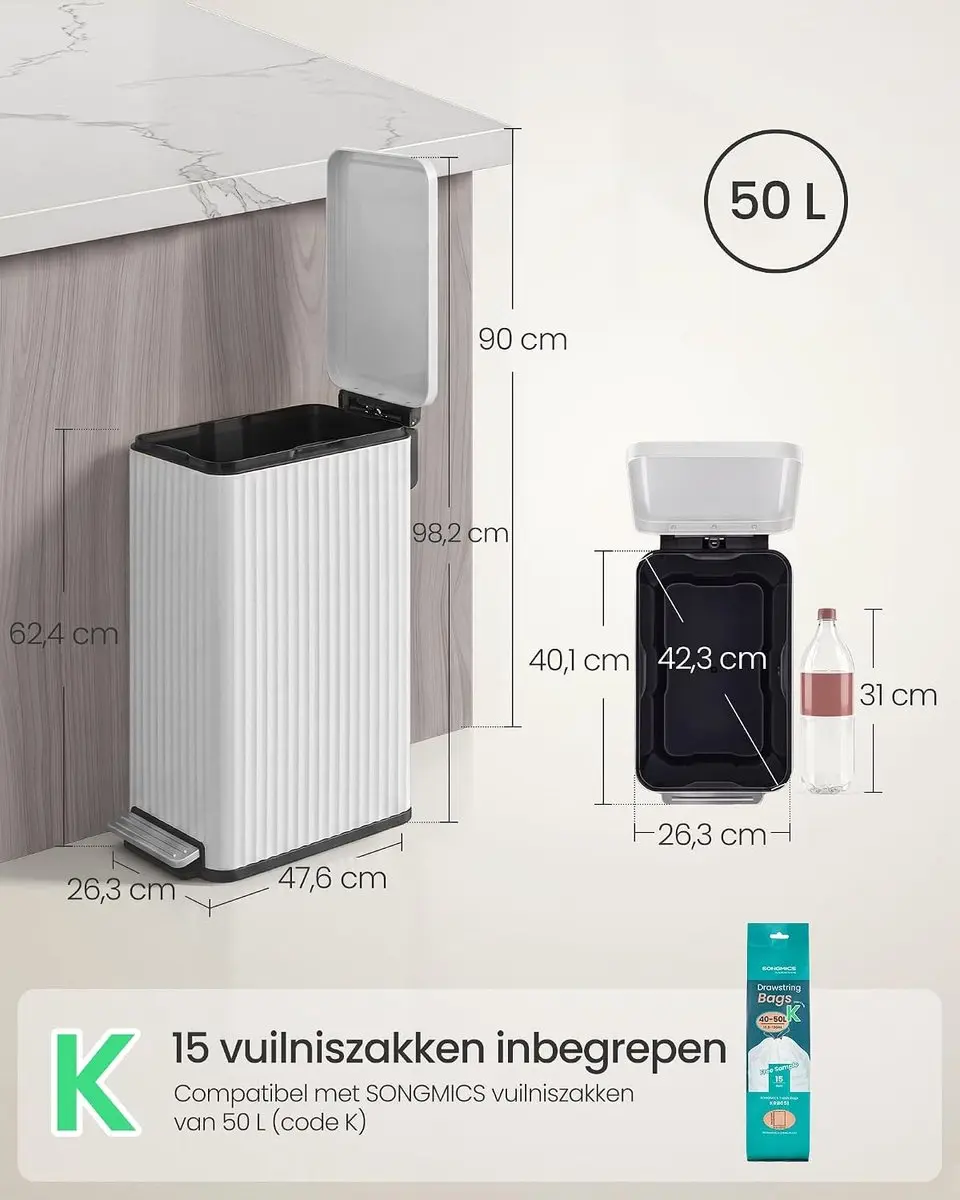 Songmics Pedaalprullenbak 50L - Wolkenwit