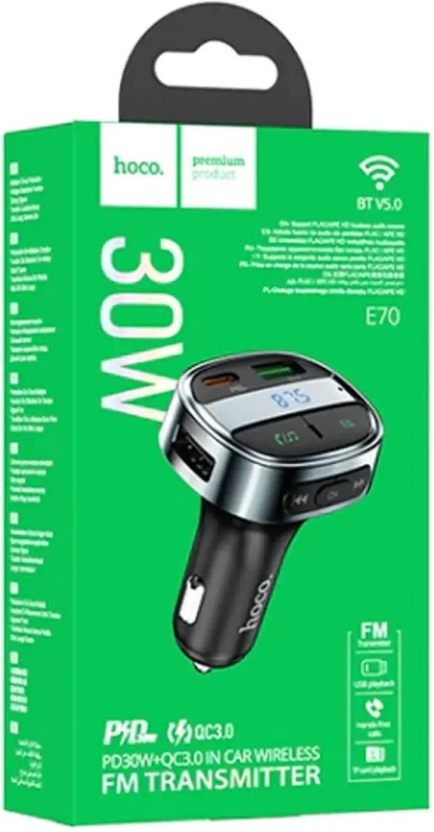 Hoco Bluetooth 5.0 Muziekzender 30W Autolader - PD & QC 3.0 - 3 Outputs - afbeelding 6 van 6