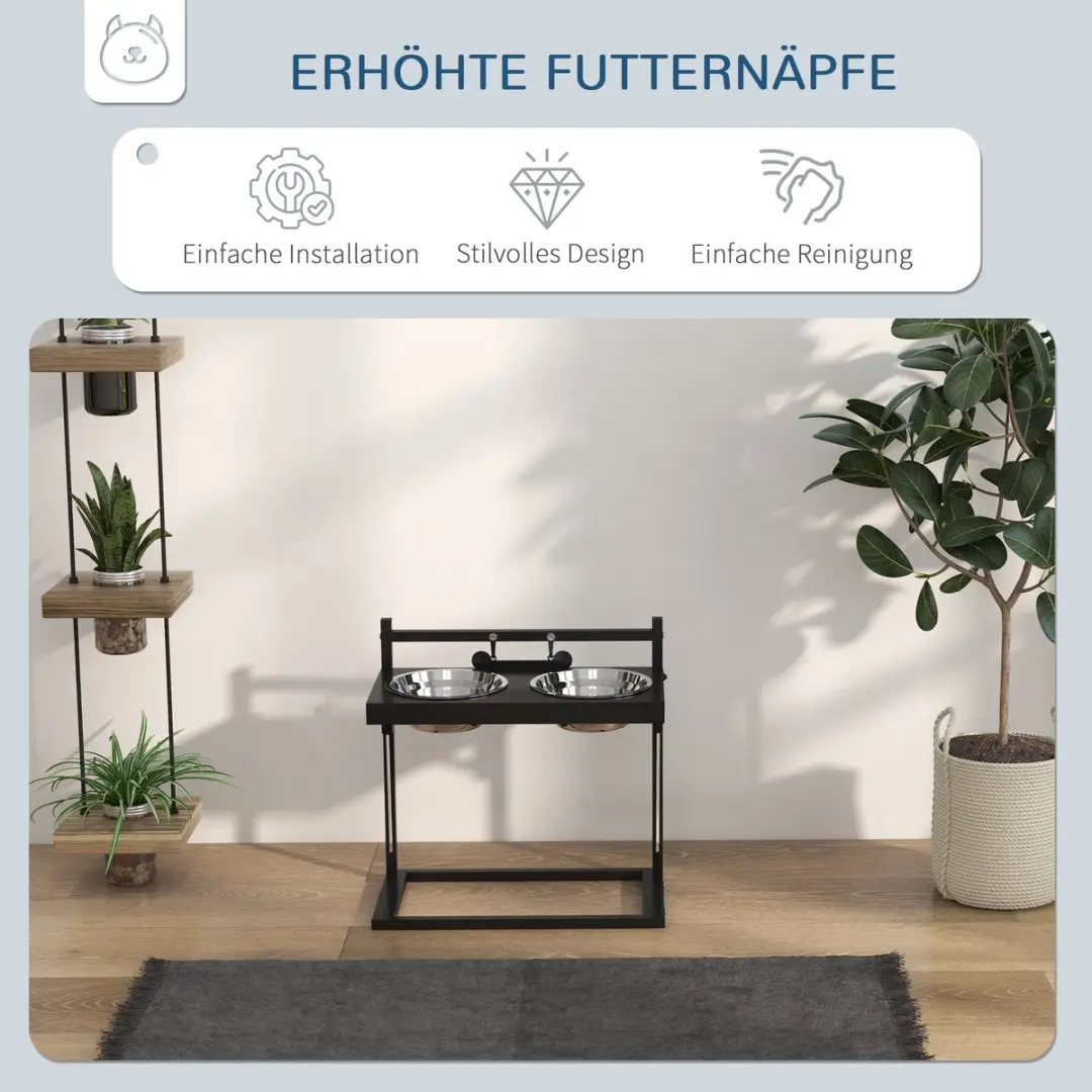 Pawhut Huisdier Voerstation Roestvrijstalen Kommen - 40,5x22x39cm Zwart - afbeelding 6 van 6