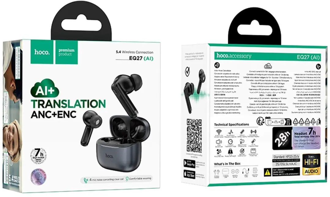 Hoco EQ27 Draadloze Oordopjes Noise Cancelling - 124 Talen - Zwart
