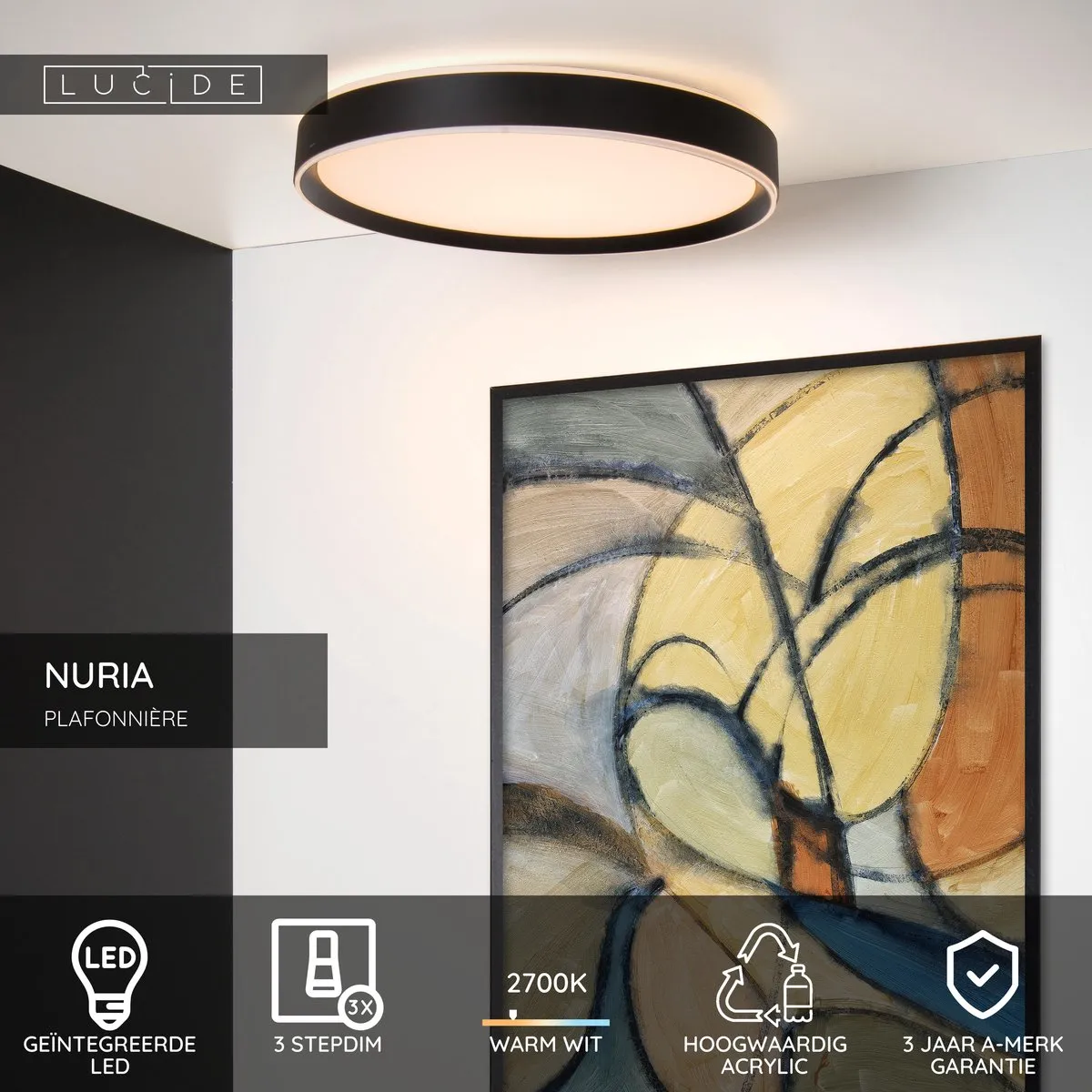 Lucide NURIA Plafondlamp Ø50cm - LED 3 StepDim 2700K - Zwart