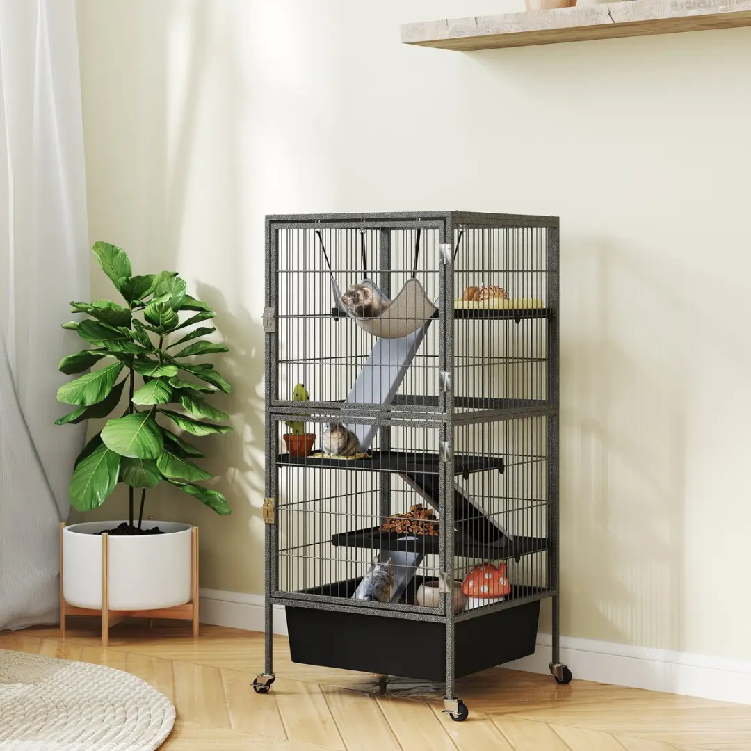 Pawhut Dierenkooi 4-Verdiepingen - 52x52x115cm Grijs