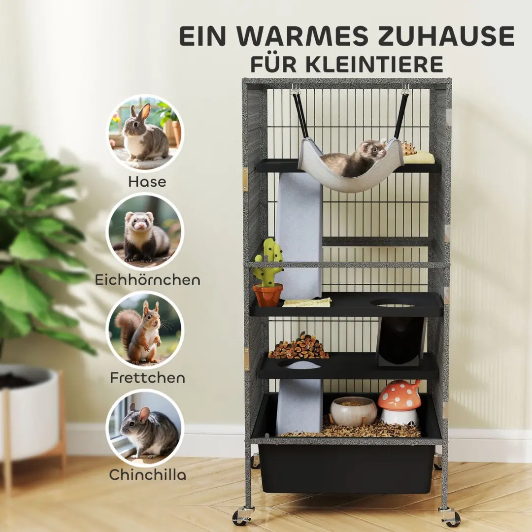 Pawhut Dierenkooi 4-Verdiepingen - 52x52x115cm Grijs