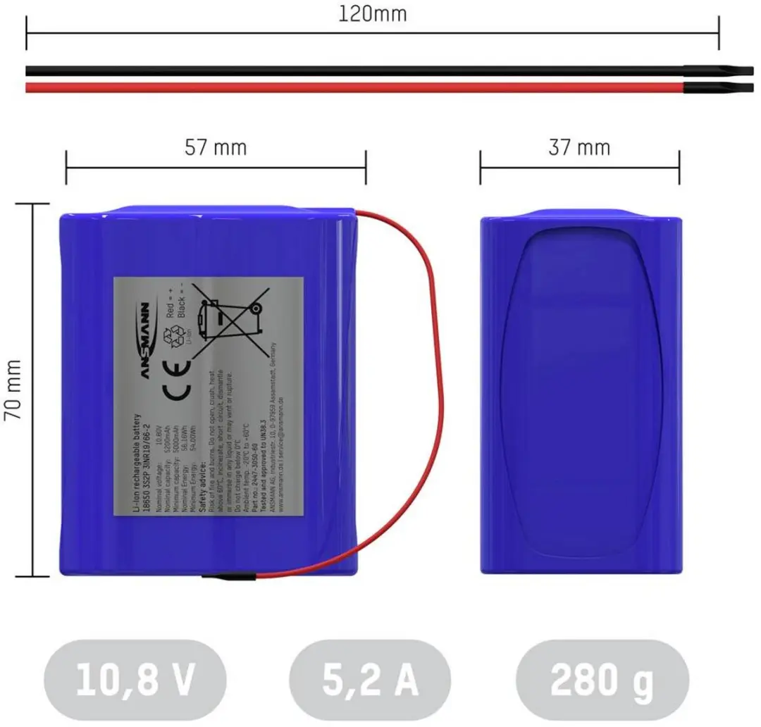 Ansmann 3S2P Accupack 10.8V 5200mAh - 6x 18650