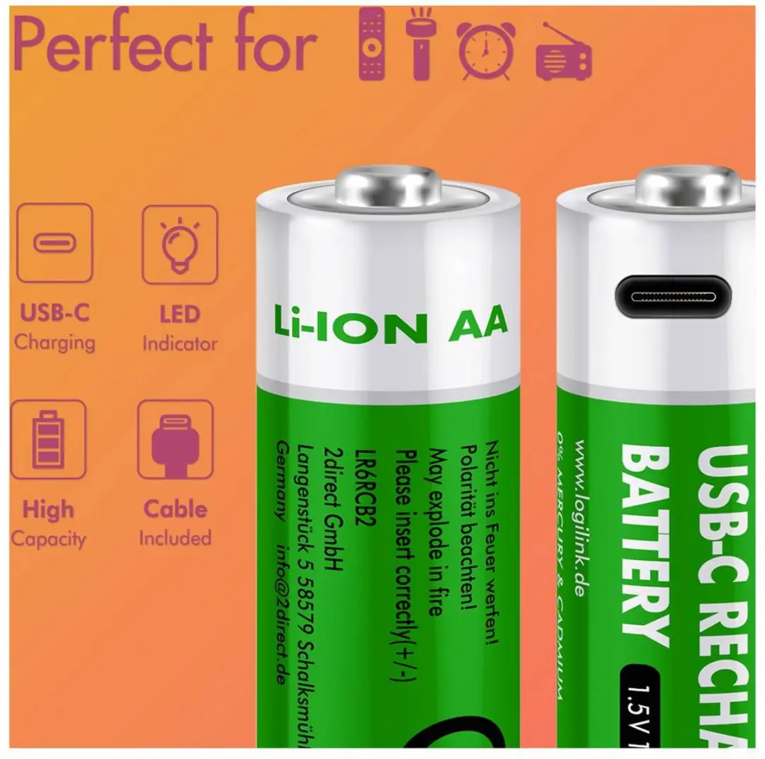 Logilink LR6RCB2 Oplaadbare AA Li-ion Batterij 1850mAh - 2 Stuks