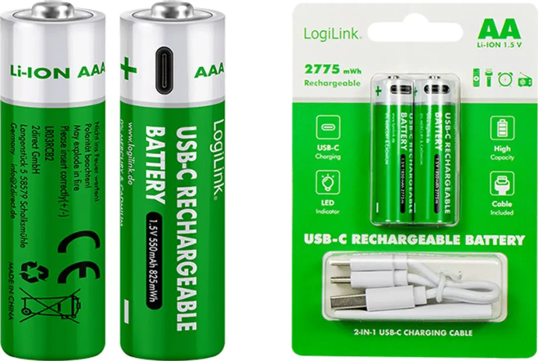Logilink LR6RCB2 Oplaadbare AA Li-ion Batterij 1850mAh - 2 Stuks - afbeelding 6 van 6