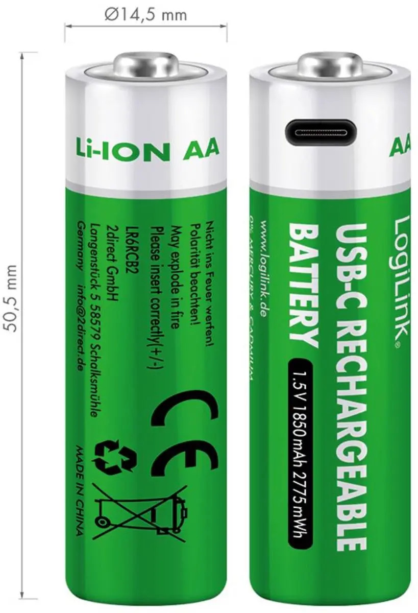 Logilink LR6RCB2 Oplaadbare AA Li-ion Batterij 1850mAh - 2 Stuks