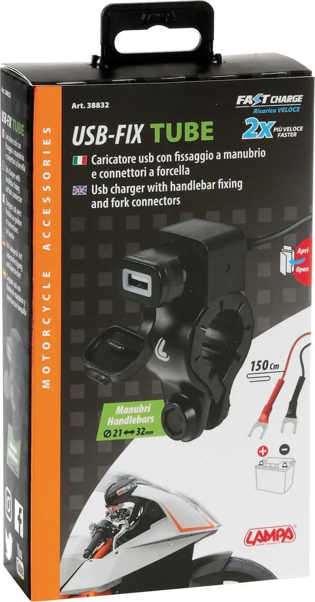 Lampa USB Fix Tube Smartphone Motorlader - Zwart