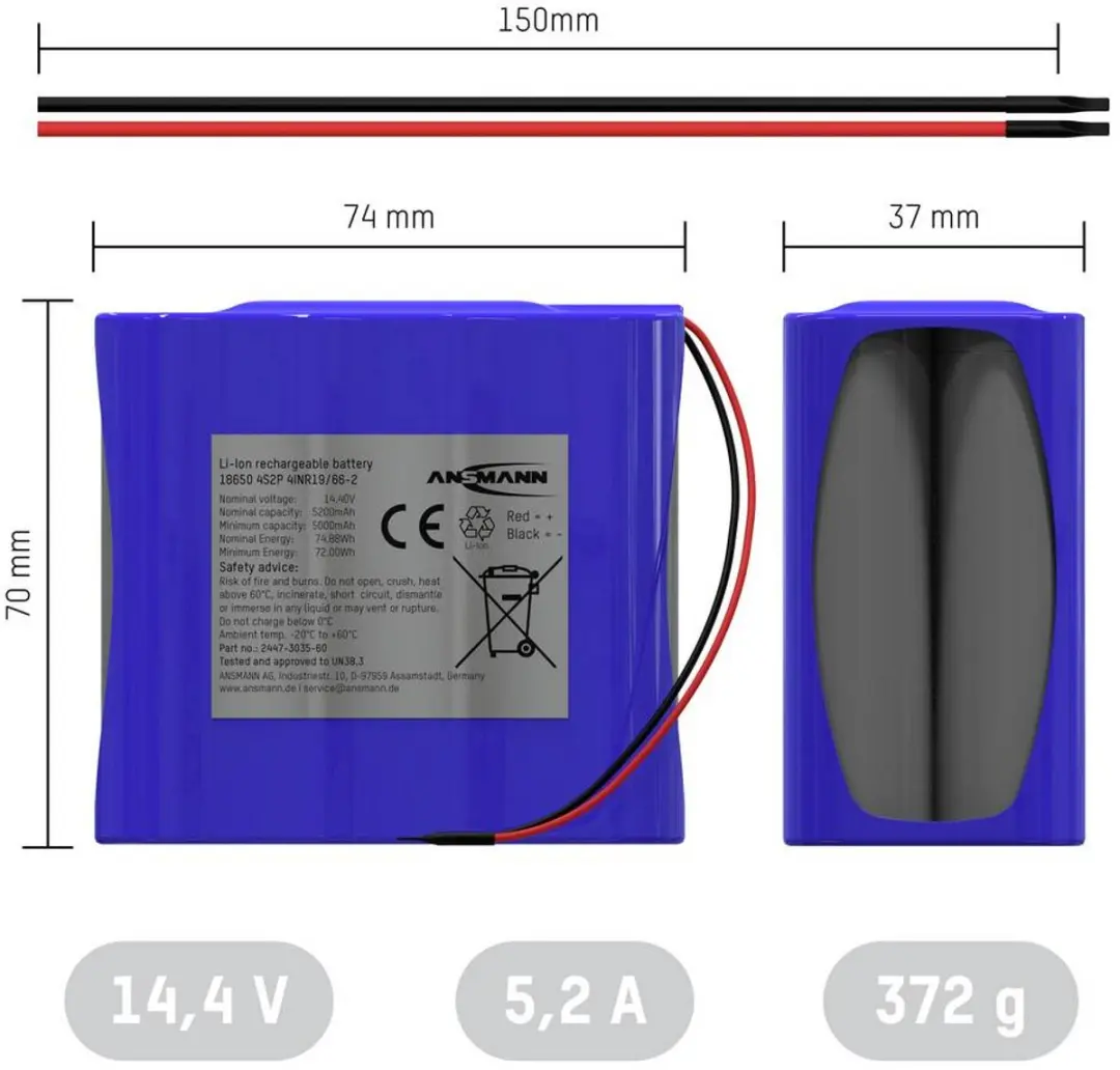 Ansmann 4S2P Accupack 14.4V 5200mAh - 8x 18650