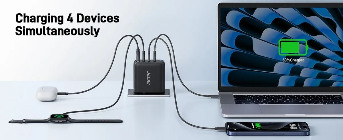 Acer 100W GaN Oplader ZL.ADTCC.00L - 3x USB-C 1x USB-A - 100W - Zwart
