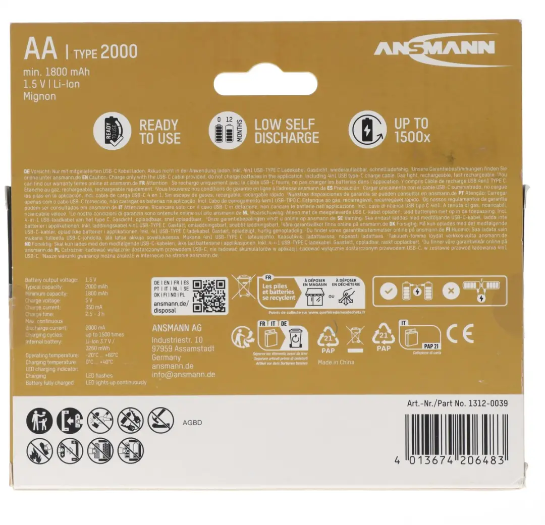 Ansmann 1312-0039 Oplaadbare AA Lithium Batterij 1800mAh - 8 Stuks