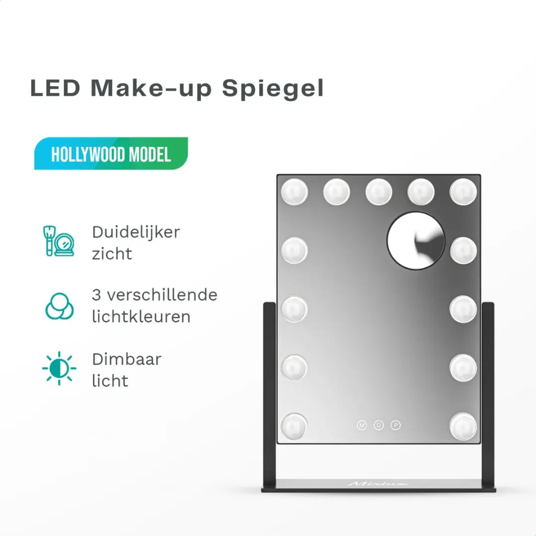 Mirlux Make Up Hollywood Spiegel Verlichting 44x30cm - 13 LED Lampen - Zwart