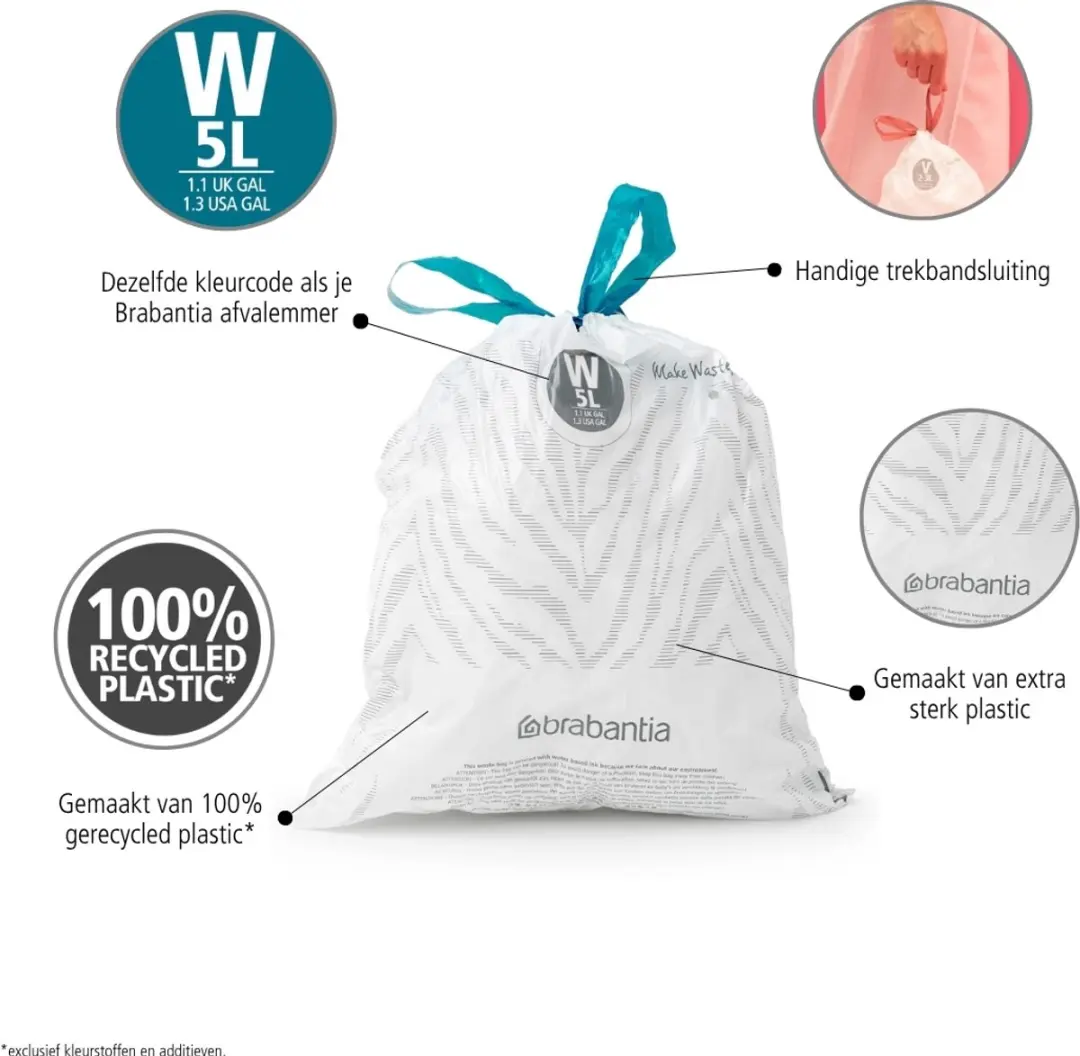 Brabantia PerfectFit Vuilniszakken 5L Code W - 200 Stuks - afbeelding 3 van 6