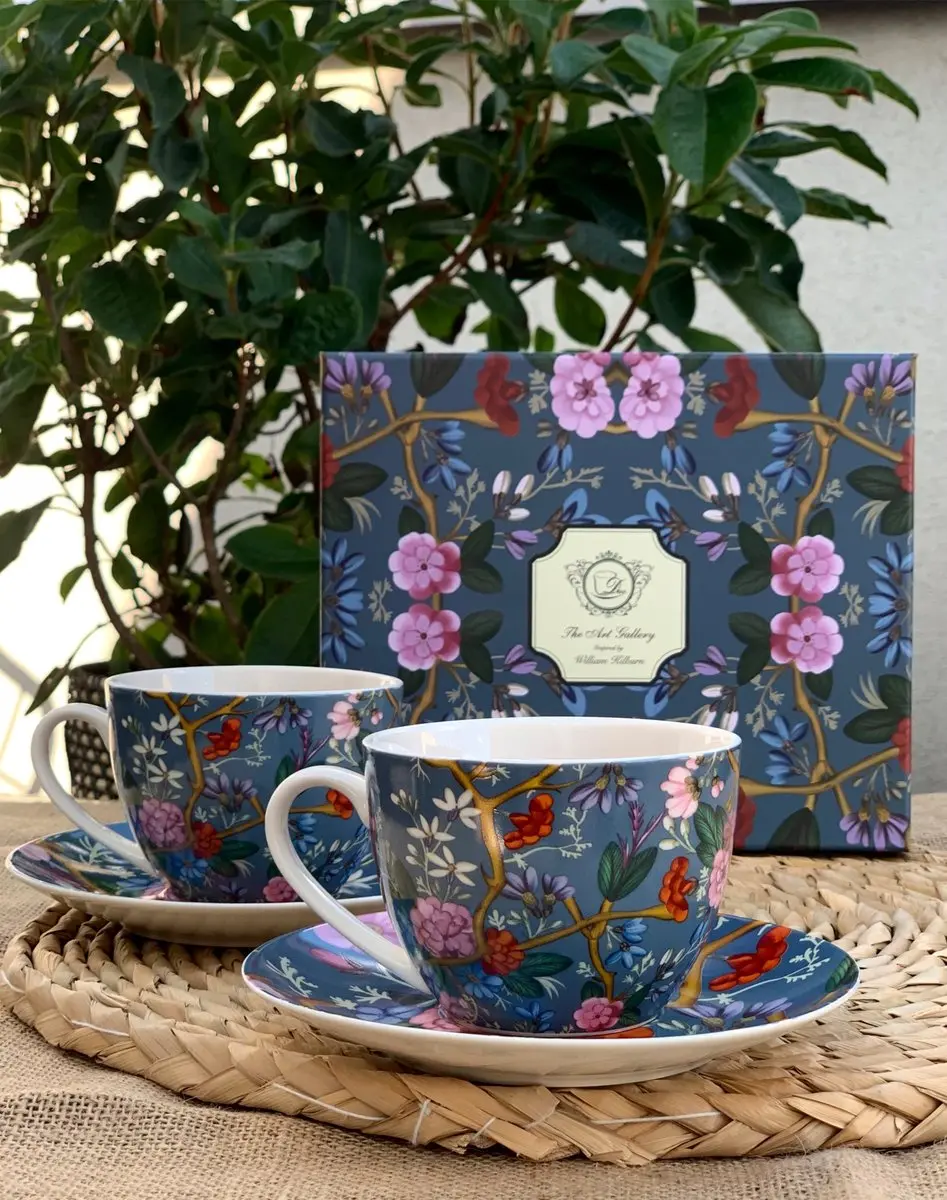 Duo Porseleinen Kop & Schotel Set 300ml Bloemendesign - 2 Stuks