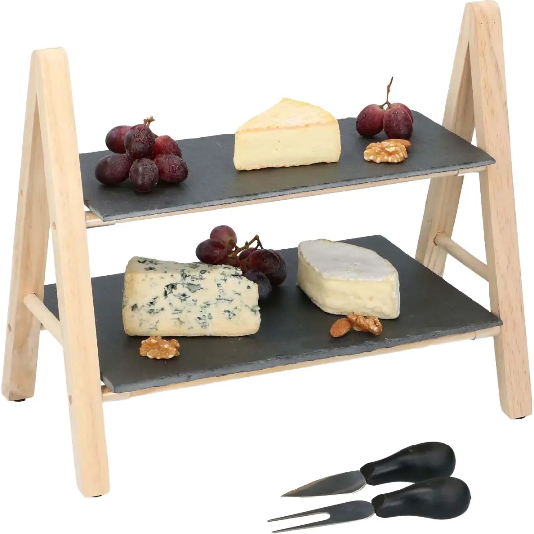 Alpina Borrelplank 2-Laags Etagère - Leisteen & Hout - 16 Stuks