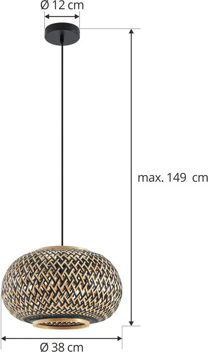 Lindby Hanglamp Bamboe 1 Licht E27 - 38cm - Zwart/Darkhout