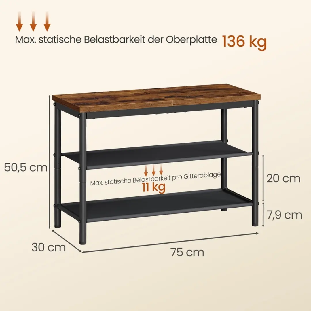 Songmics Metalen Schoenenrek 3-niveaus 60x75x50,5cm Bruin-zwart