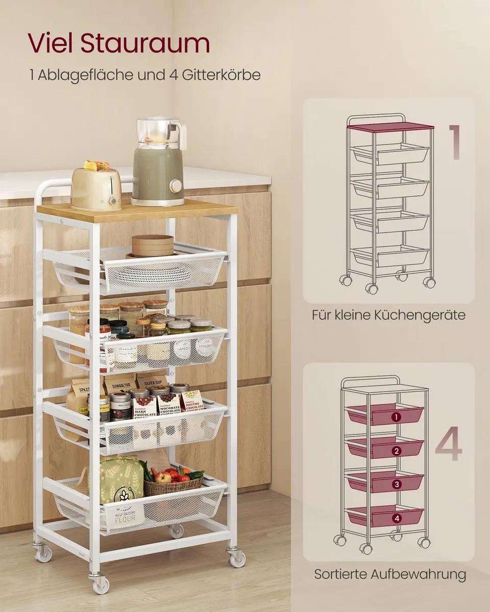 Songmics Serveerwagen 4 lagen - 31,7x40x95cm - Goud eiken/mat wit