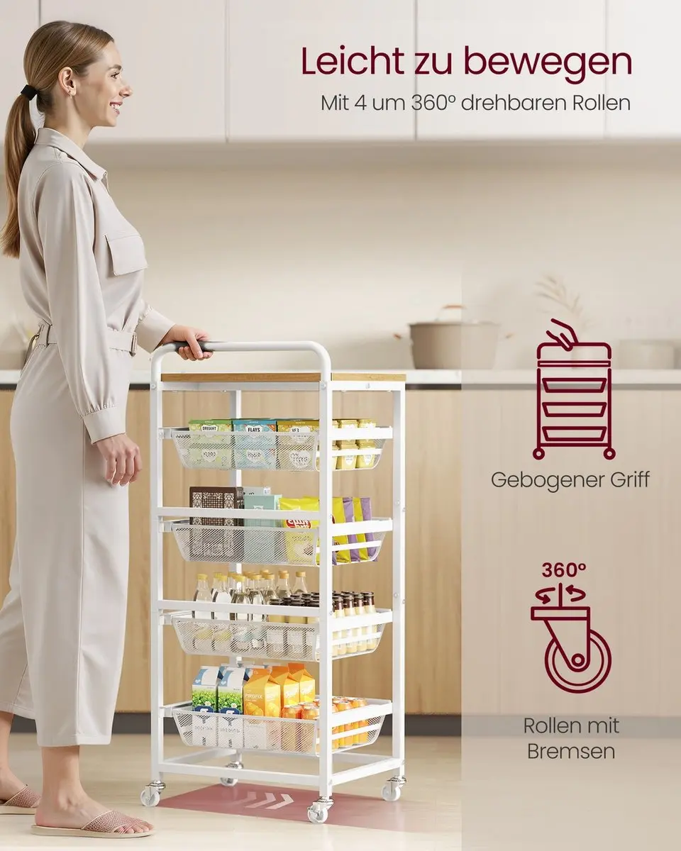 Songmics Serveerwagen 4 lagen - 31,7x40x95cm - Goud eiken/mat wit
