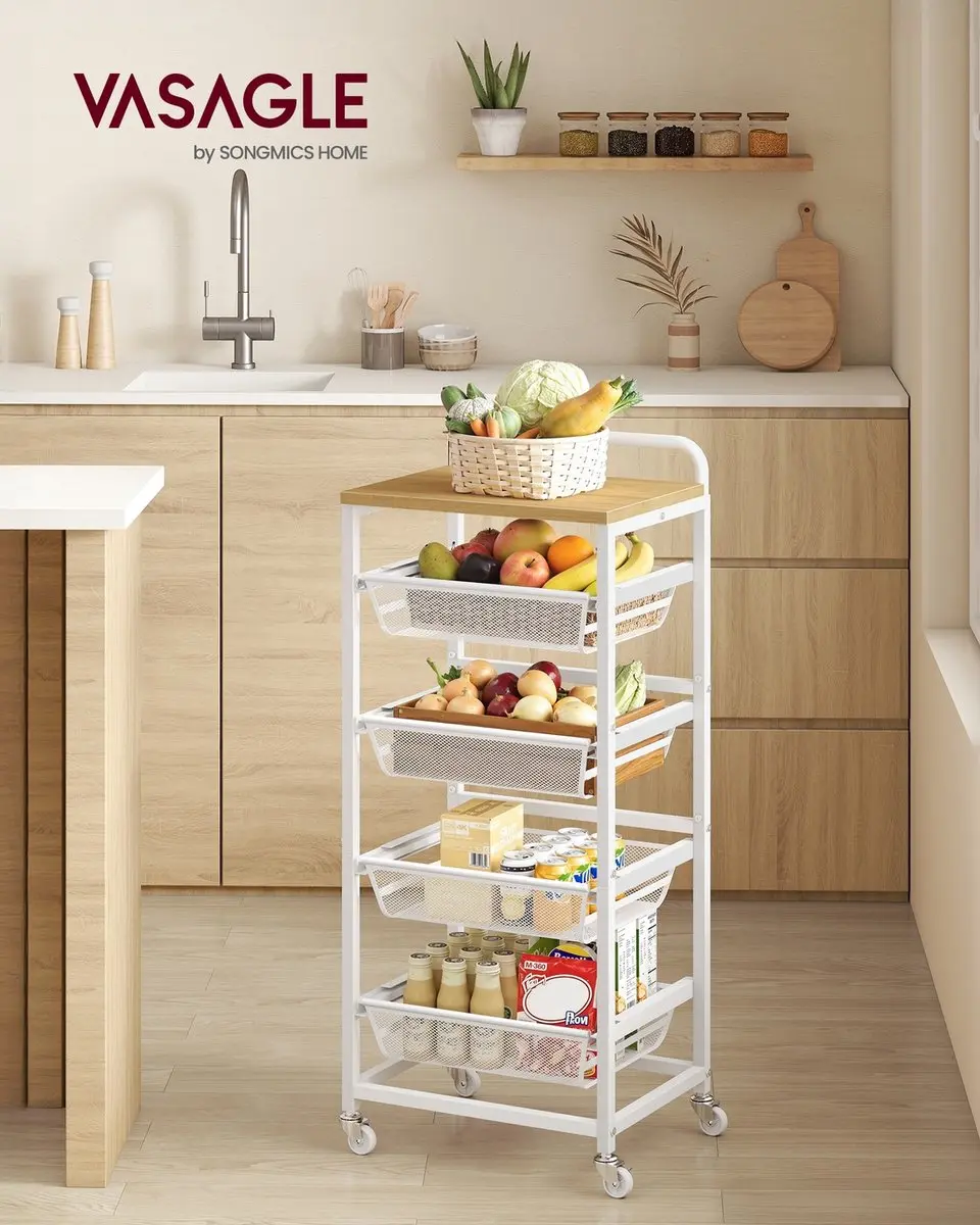 Songmics Serveerwagen 4 lagen - 31,7x40x95cm - Goud eiken/mat wit