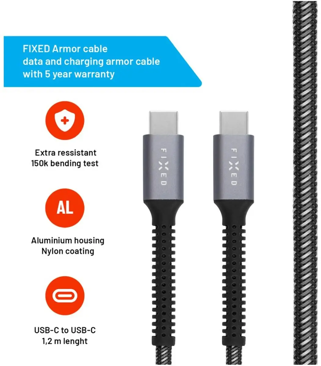 Fixed Vaste Armor USB-C naar USB-C Kabel 1,2m 240W - Grijs