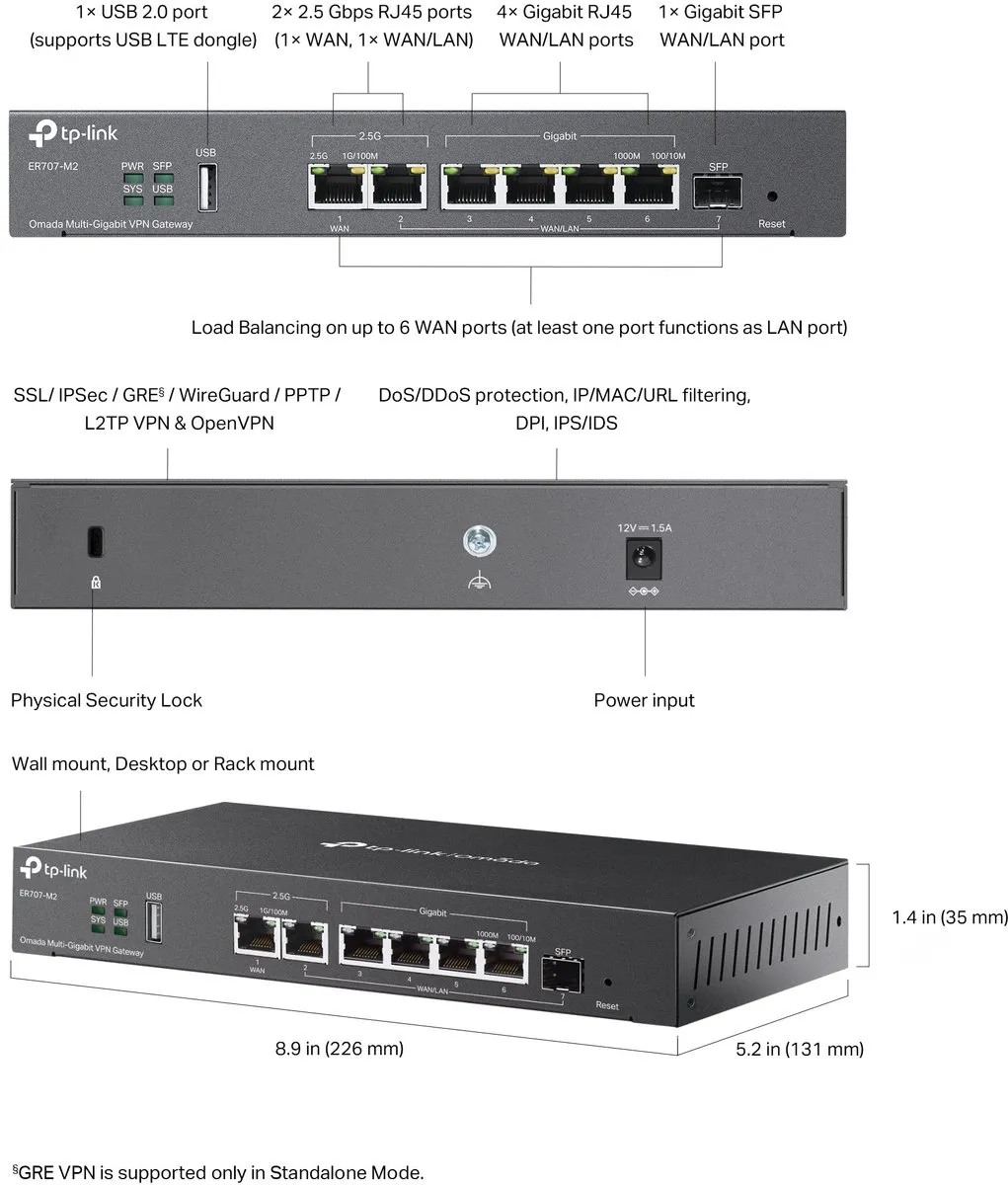 TP-Link ER707-M2 Router - 6x LAN, 1x WAN, 1x USB