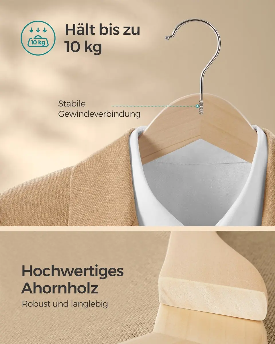 Songmics Houten Kledinghangers - 48 Stuks - Naturall Beige