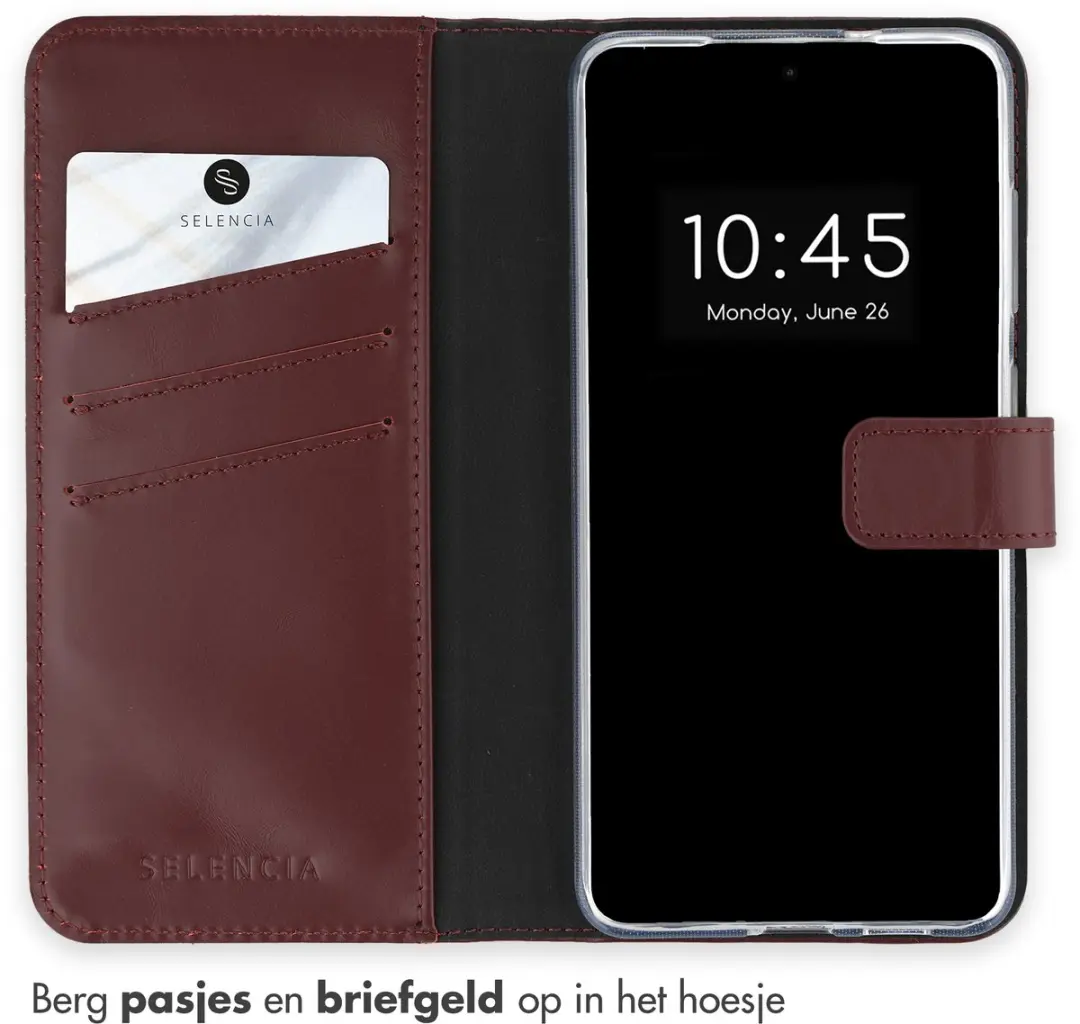 Selencia Hoesje Samsung Galaxy S25 - Echt Lederen Bookcase - 3 Pasjes - Donkerrood